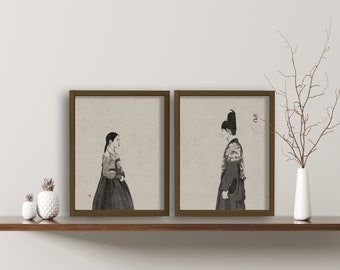 Conjunto de 2 grabados, palacio coreano, hanbok, arte tradicional de Corea, arte coreano, pintura coreana, impresión de arte coreano, tradicional coreano, Corea