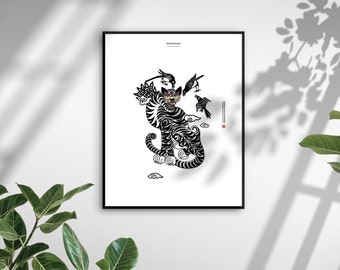 Derpy & Sussie Tiger and Magpie | Korean Hojakdo Folk Art Print | Demon Hunter Inspired Poster | Korean Wall Decor Gift
