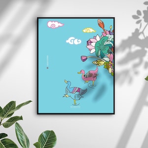Koreanisches Poster, Entenmalerei, Lotusmalerei, koreanische Wandkunst, koreanische Wanddekor, Entenplakat, Lotusplakat, Einweihungspartygeschenke, Asien, Korea