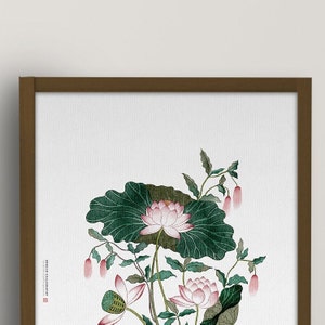 May include: A framed print of a traditional Asian painting featuring pink lotus flowers and green leaves. The text "KOREAN CALLIGRAPHY" is printed in the bottom left corner.
