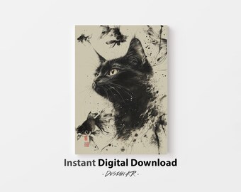 Midnight Elegance: Black Cat and Goldfish in Oriental Ink