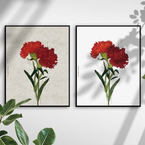 May include: Two framed prints of red carnations with green stems and white flowers in the background. The print on the left has a beige background and the print on the right has a white background.