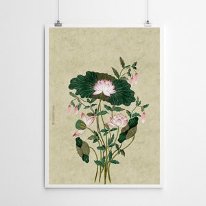May include: A vintage-style illustration of pink lotus flowers with green leaves on a beige background.