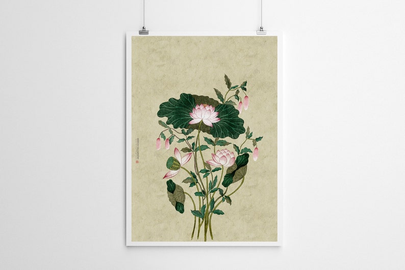 May include: A vintage-style illustration of pink lotus flowers with green leaves on a beige background.