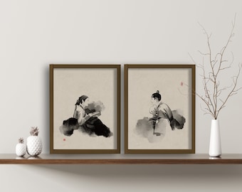 Set of 2 prints, K-Drama, korean couple, korean palace, hanbok, Korean Art, Korean painting, Asian Art, Korean art print, korean palace