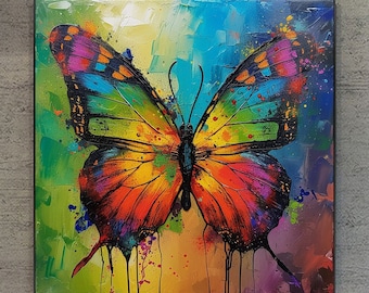 May include: A large, colorful butterfly painting with a vibrant array of colors, including red, orange, yellow, green, blue, and purple. The artwork is displayed on a gray wall in a modern interior setting.