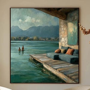 Original Abstract Lakeside Landscape Oil Painting On Canvas, Large Vacation Wall Decor, Modern Home Art, Living Room Decor,Square Framed Art