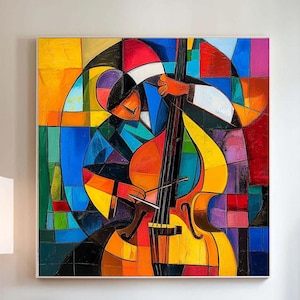 Abstract Cello Oil Painting on Canvas, Colorful Geometric Modern Art