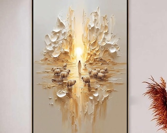 May include: A framed artwork depicts a serene landscape with a figure and sheep bathed in golden light. The textured painting features a central light source, surrounded by abstract, cloud-like forms. The artwork is displayed above a wooden console table.