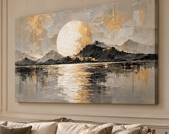 Gold Moon Mountain Lake Oil Painting, Gray Neutral Textured Landscape Wall Art
