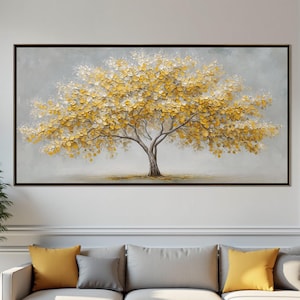 Original Abstract Yellow Tree Painting On Canvas, Large Nature Wall Art, Hand-painted Textured Tree Painting, Autumn Living Room Wall Decor