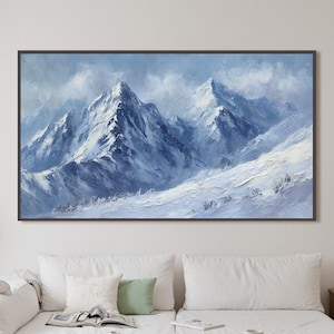 Abstract Snowy Mountain Oil Painting On Canvas, Large Cool Colors Wall Art, Minimalist Winter Peaks Textured Painting,Living Room Wall Decor
