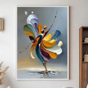 May include: Abstract oil painting of a dancer in motion. The artwork features a vibrant color palette of yellow, blue, purple, and white. The dancer's form is depicted with flowing brushstrokes, set against a gray and yellow background, framed in white.