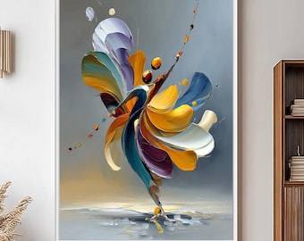 May include: Abstract oil painting of a dancer in motion. The artwork features a vibrant color palette of yellow, blue, purple, and white. The dancer's form is depicted with flowing brushstrokes, set against a gray and yellow background, framed in white.