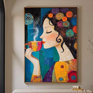 Mujer caprichosa con café, círculos coloridos, pintura al óleo original sobre lienzo