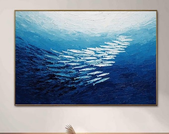 大きな魚の群れを描いた油絵、手描きのインパスト海洋アート - Etsy 日本