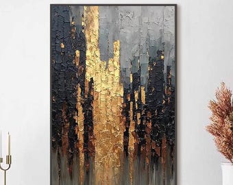 Zwart goud abstract schilderij met textuur, luxe impasto canvas muurkunst