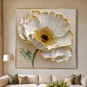 3D White Flower Painting, Textured Gold Leaf Floral Art, Minimalist Impasto Canvas, Large Original Abstract Wall Decor,Elegant Japandi Style
