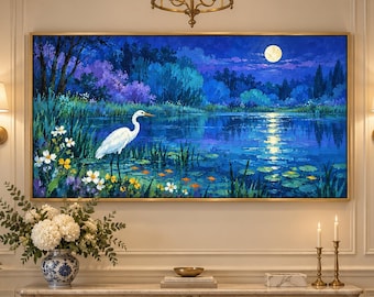 Moonlit Egret Lake Oil Painting, Blue Forest Wetland Textured Wall Art