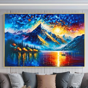 Large Original Mountain Scenery Oil Painting On Canvas, Abstract Lake View Painting, Colorful Landscape, Custom Painting, Bedroom Wall Art