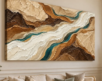 May include: A large rectangular wall art piece featuring a thick, textured impasto oil painting. The composition displays abstract, layered landscape forms in shades of cream, beige, tan, dark brown, and deep teal, creating a flowing, river-like effect.
