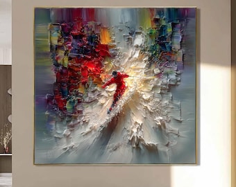Pintura de esquí texturizada con empasto, arte mural, pintura al óleo abstracta de esquiador, arte colorido de gran tamaño, decoración dinámica de deportes de invierno, obra de arte moderna para el hogar.