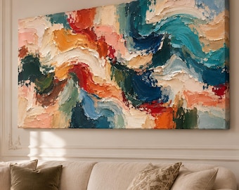 May include: A large rectangular canvas painting featuring thick, textured impasto brushstrokes in a vibrant palette of deep teal, bright orange, soft peach, cream, and dark forest green, arranged in sweeping, abstract, wave-like horizontal patterns.