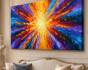May include: A rectangular canvas wall art piece featuring an abstract explosion of color. Thick, textured paint strokes radiate from a bright yellow center, transitioning into vibrant shades of orange, red, deep blue, and purple across the surface.