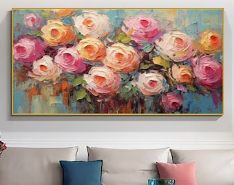 Original Abstract Roses Oil Painting, Large Floral Wall Art