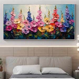 Grande peinture de paysage floral empâtement, oeuvre d'art colorée de champ de fleurs sauvages, oeuvre d'art originale 3D texturée, déco murale vibrante, scène de jardin
