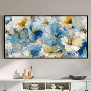 Hand Painted Floral Canvas Art, Blue Yellow Flower Oil Painting, Abstract Floral Wall Art, Modern Living Room Decor, Large Framed Painting