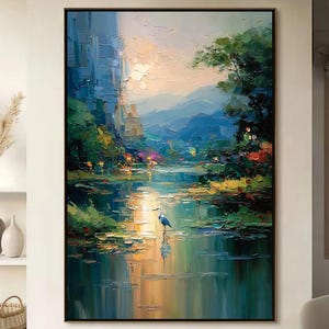 Blue Heron River Painting Impasto Textured Landscape Canvas Sunrise Modern Wall Art