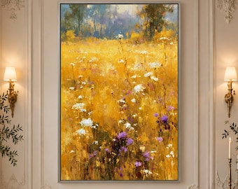 May include: A vertical rectangular framed painting depicting a vibrant field of golden yellow wildflowers with scattered white and purple blossoms under a soft sky, rendered in an impressionistic style with visible brushstrokes and texture.