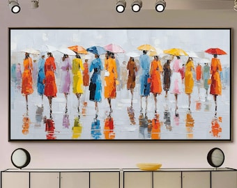 Colorful Umbrella Painting, Textured Impasto Rain Art, Modern Living Room Canvas