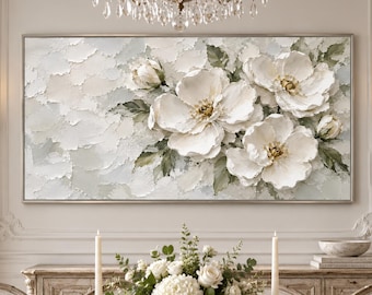 White Blossom Oil Painting, Sage Green Textured Botanical Floral Wall Art