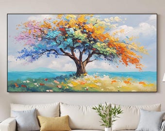 Vibrant Impasto Tree of Life Painting, Textured Canvas Wall Art
