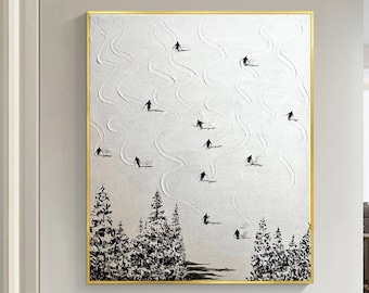Textured Ski Painting, Snowy Mountain Canvas Art, Winter Decor