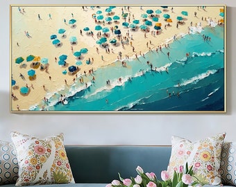 Large Original Beach Oil Painting on Canvas, Abstract Blue Seascape Painting, Texture Wall Art, Custom Painting, living room Wall Decor