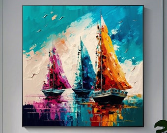 Original Colorful Sailboat Oil Painting on Canvas, Abstract Seascape Wall Art