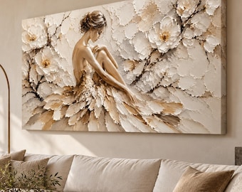 May include: A large rectangular canvas wall art piece featuring a textured impasto painting of a figure with an updo hairstyle, seated amidst large white and beige floral blossoms. The artwork uses a neutral palette of cream, tan, and white tones.