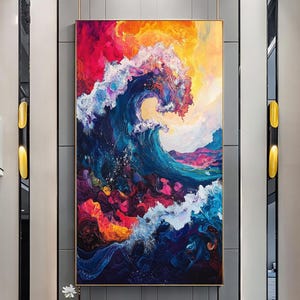 Original Hand-Painted Abstract Oil Painting on Canvas | Colorful Ocean Wave Art | Stunning Red, Blue, Yellow Decor for Living Room or Office