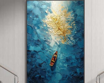 Blue Ocean Boat Painting Gold Light Impasto Textured Canvas Modern Nautical Art