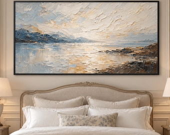Neutral Mountain Lake Oil Painting, Cream Gray Blue Textured Landscape Wall Art