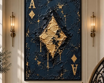 May include: A rectangular wall art piece featuring a textured dark navy blue background with a large, central gold diamond shape. The letter A is positioned in the top left and bottom right corners, accompanied by smaller gold diamond symbols.