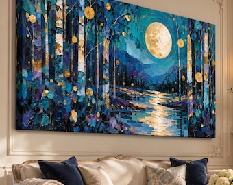Teal Moonlit Birch Forest Oil Painting, Gold Moon River Textured Landscape Wall Art