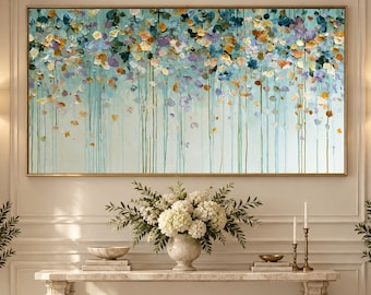 May include: A large rectangular wall painting featuring an abstract composition of textured, multi-colored paint dabs in shades of blue, gold, and purple, with vertical drips cascading downward against a pale, light-colored background.