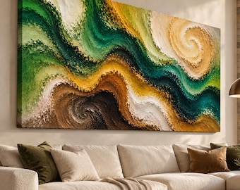 May include: A large rectangular wall art piece featuring an abstract design with thick, textured paint strokes in swirling patterns of forest green, deep teal, golden yellow, cream, and dark brown, creating a dynamic, layered, and wavy composition.