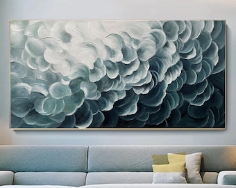 Original Blue and White Waves Oil Painting on Canvas Abstract Textured Wall Decor for Modern, Large Wall Art Living room Wall Art Home Decor