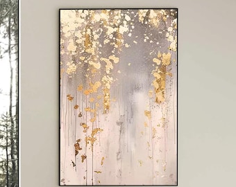 Oversized Gold Leaf Abstract Painting, Textured Grey Wall Art, Contemporary Living Room Canvas