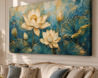 May include: A large rectangular canvas wall art piece featuring an oil painting of white lotus flowers and buds set against a textured background of deep teal, blue, and gold leaf accents. The brushwork is thick and visible throughout the composition.
